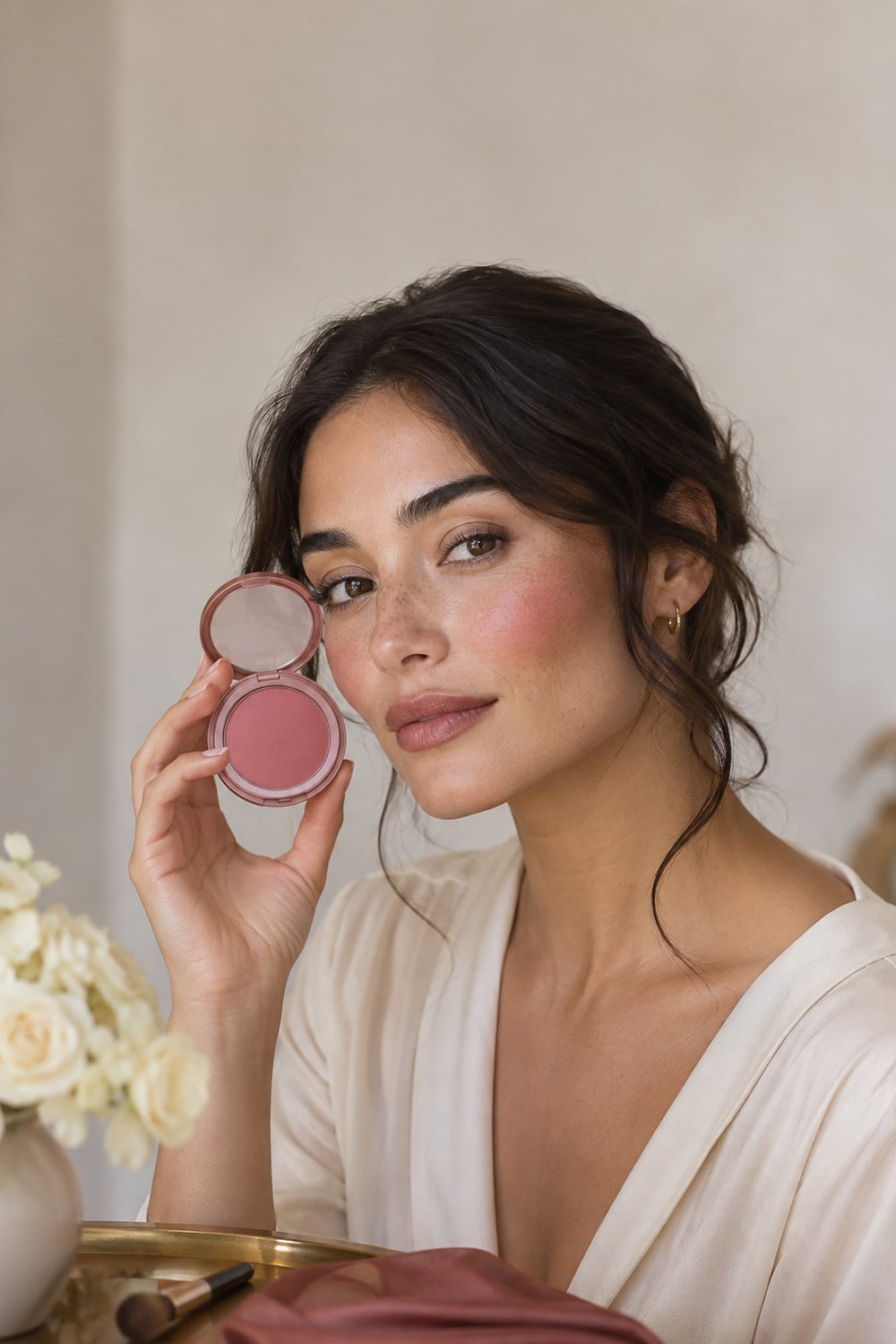 Soft Berry Blush for Late Summer Light Woman wearing soft berry blush with softened cheek edges, natural skin texture, clean brows, and a muted rose lip