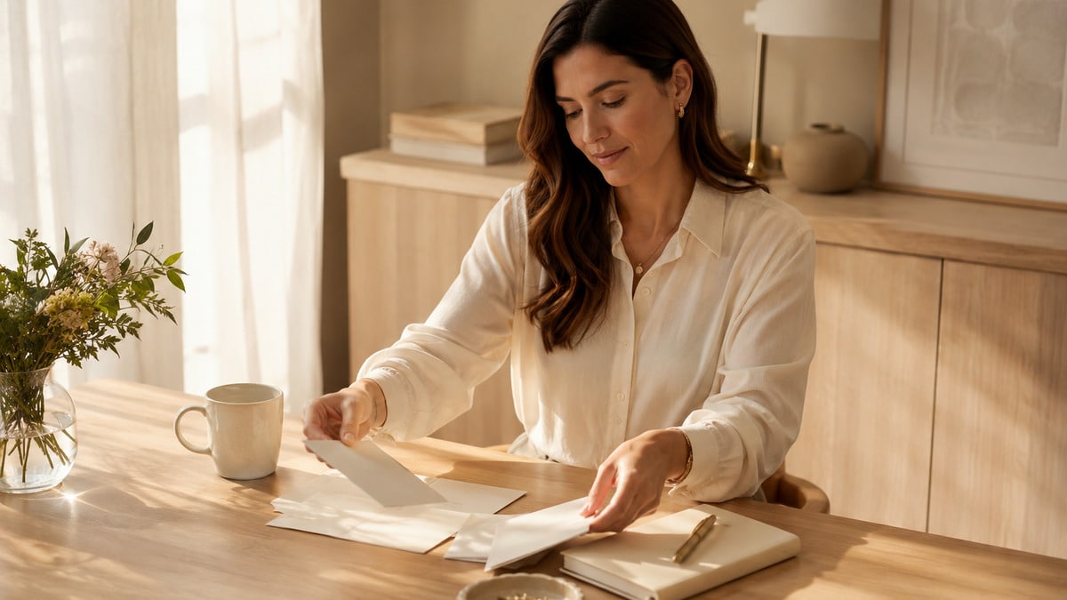 Soft budget rituals with a woman arranging a notebook and face down money papers