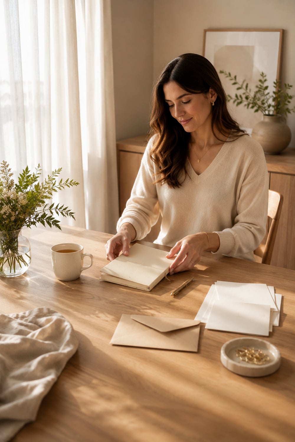 Soft Budget Rituals for Clearer Money Days Soft budget rituals with an open notebook, bank statements turned face down, a pen and a cup of tea