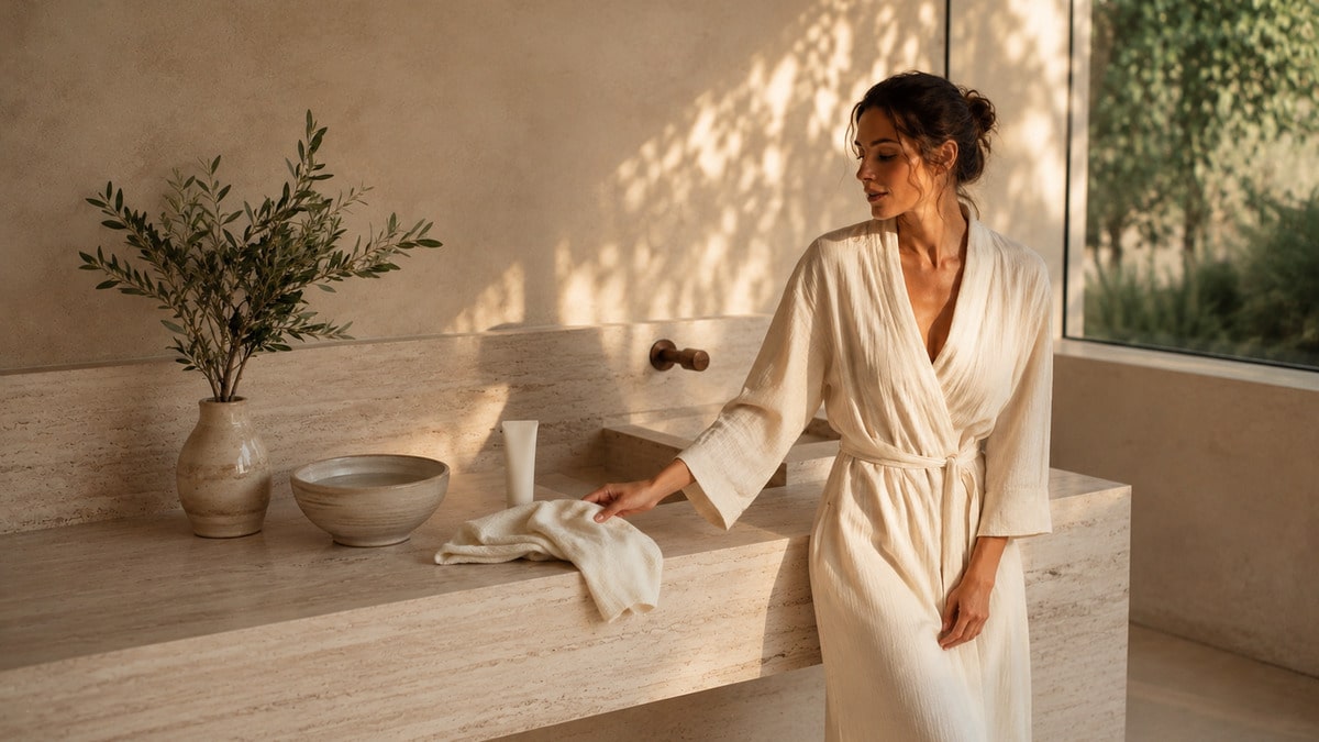 Woman reaching for a soft towel during a soft cleanse routine beside an unlabeled cleanser and ceramic water bowl