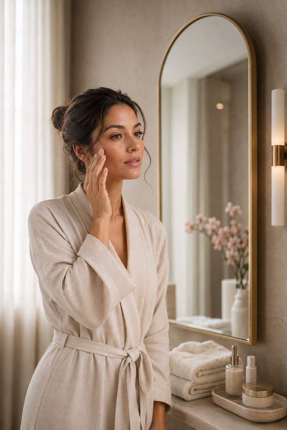 Soft Contour Makeup for Believable Facial Dimension Woman blending soft contour makeup along the cheek with realistic skin texture and soft blush
