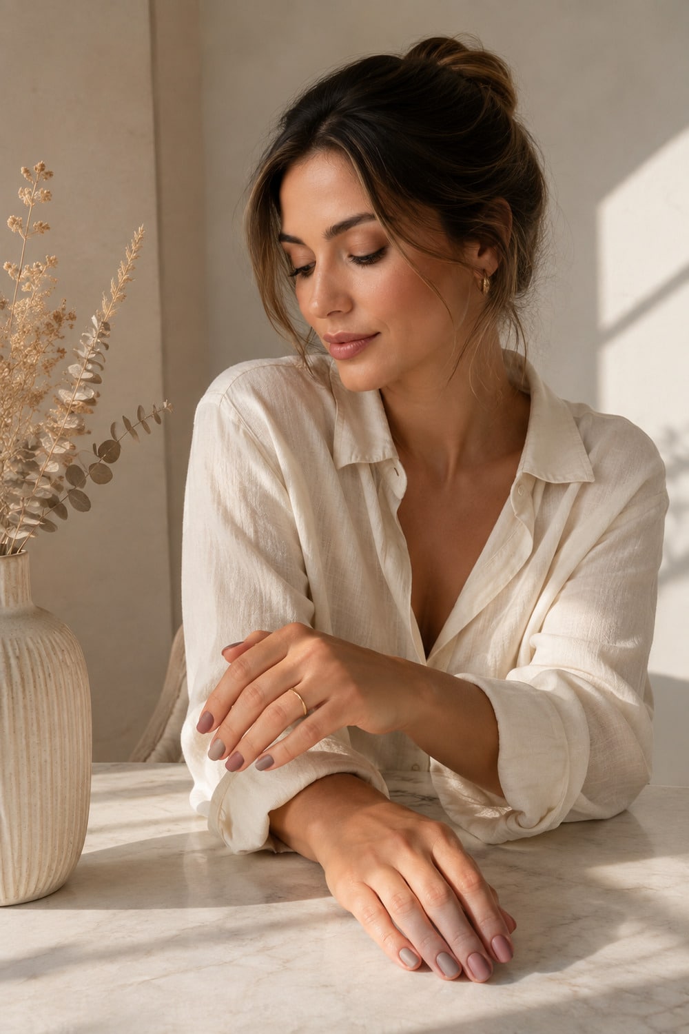 Soft Matte Manicure for Quietly Refined Nails Soft matte manicure on short soft square nails in muted taupe and nude rose with a low sheen finish