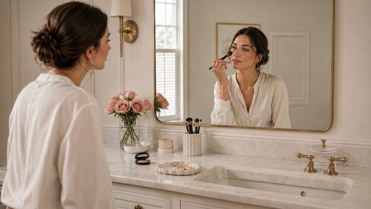 Woman applying soft rose makeup beside a mirror with diffused blush, natural skin texture and a sheer rose lip