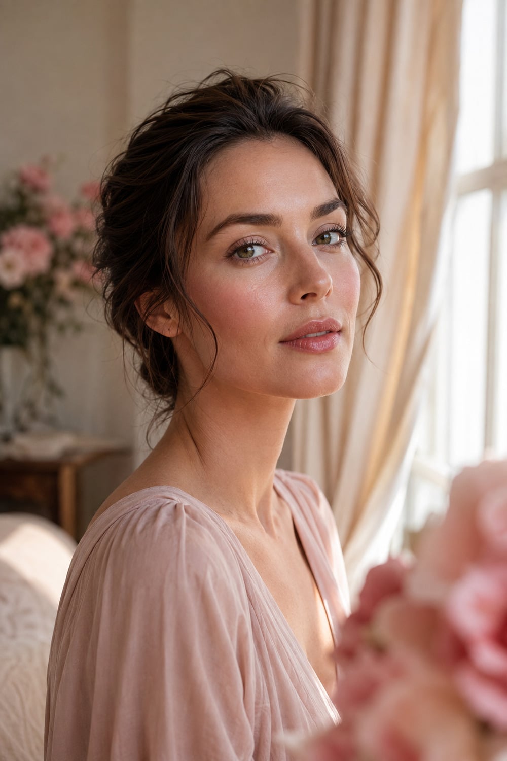 Woman wearing soft rose makeup with diffused blush, a sheer rose lip and softly defined eyes in window light