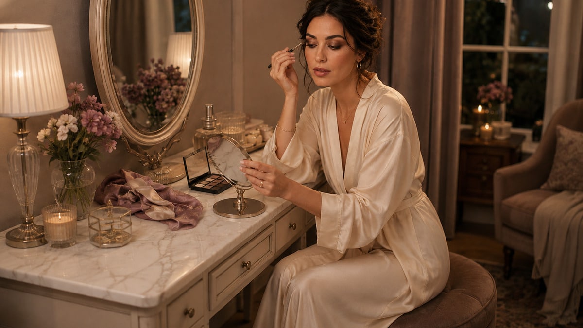 Woman applying soft smoke eye makeup at a beauty mirror with diffused espresso shadow and softly defined lashes