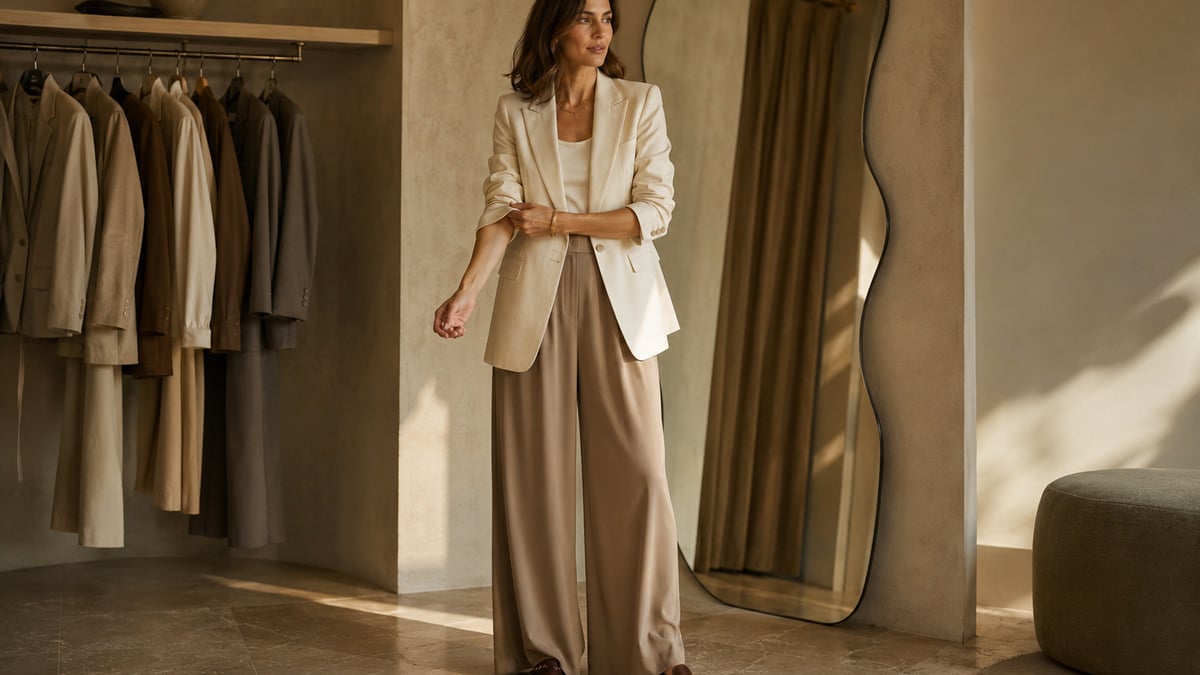 Woman in soft tailoring style with a relaxed cream blazer and fluid taupe trousers in a late summer fitting room