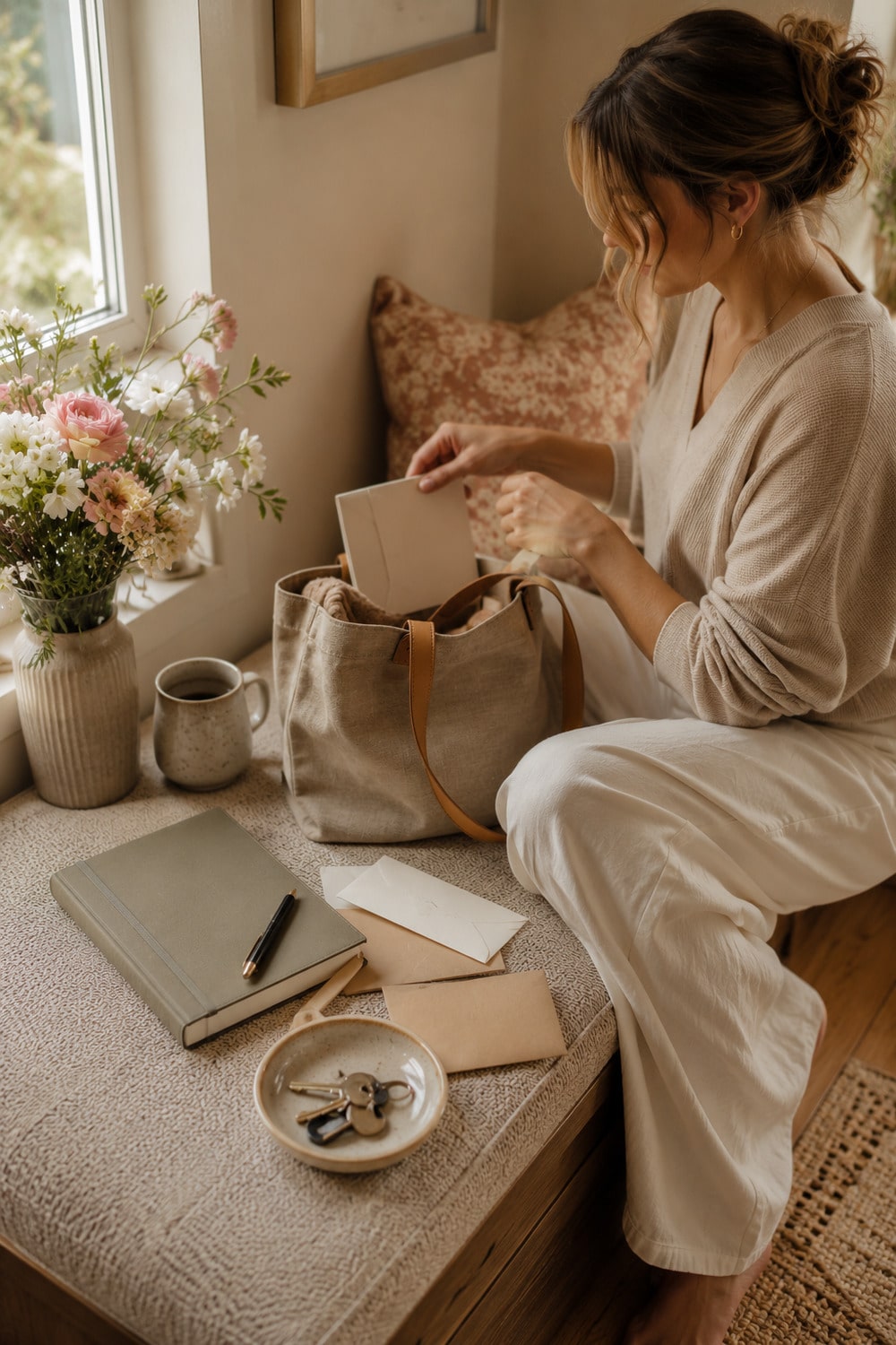 Sunday life admin ritual planning scene with a closed planner, household notes, flowers, keys and tea near a window