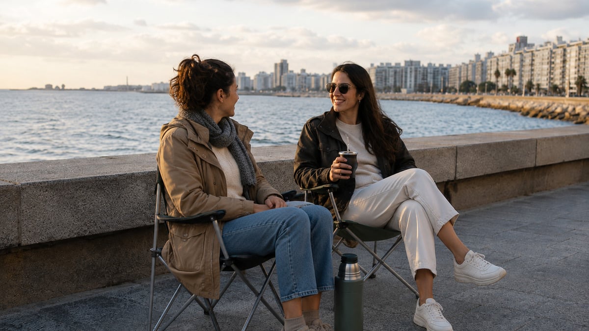 Uruguayan women lifestyle city setting with two adult friends, a thermos and folding chairs beside the Río de la Plata on the Montevideo Rambla
