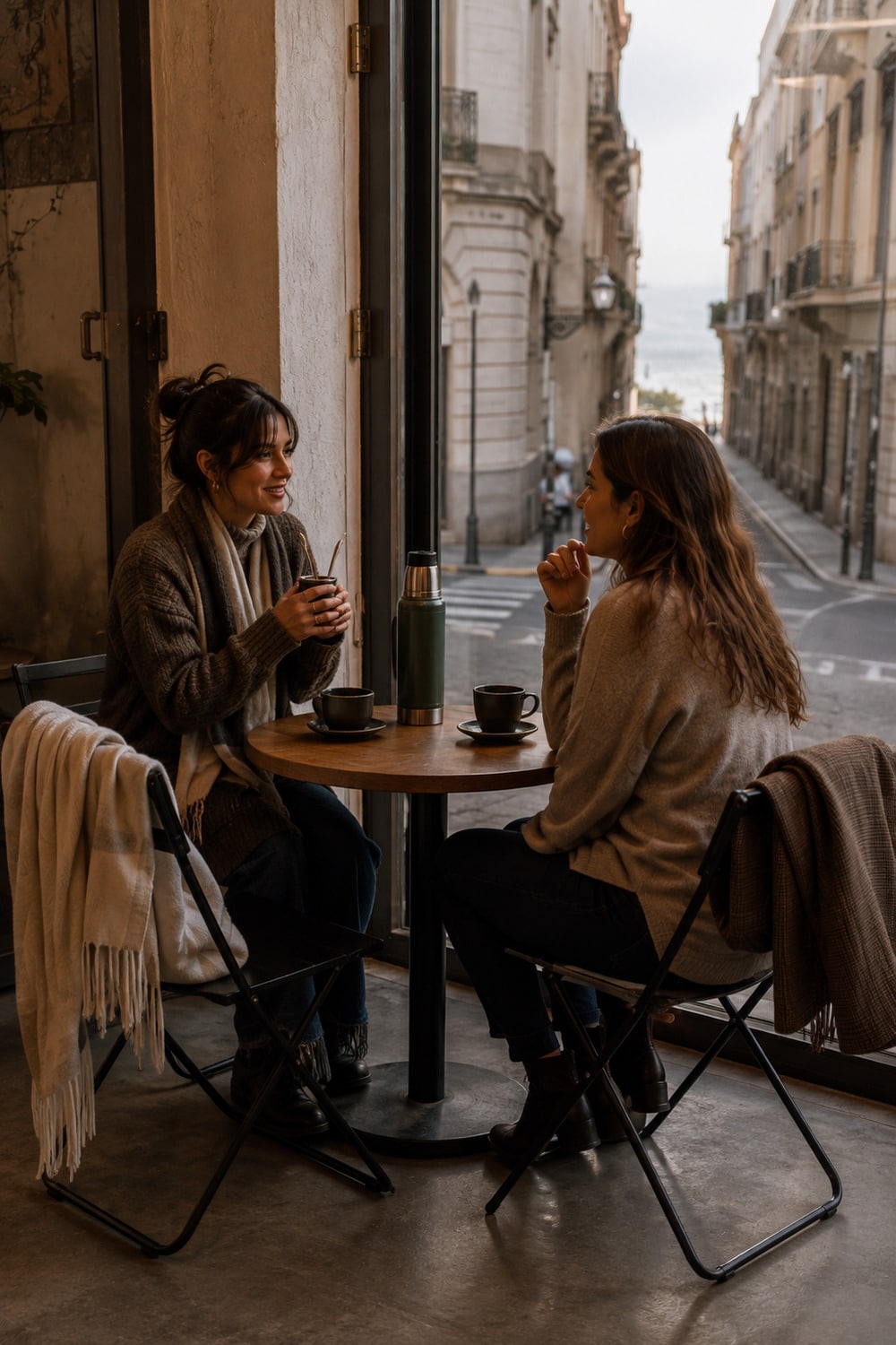 Montevideo Friendship Across Rambla and Cafe Life Uruguayan women lifestyle scene at a contemporary Montevideo café table with mate, a folded coastal map and two friends preparing for a Rambla walk