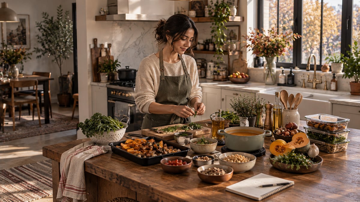 autumn meal prep rituals in a warm kitchen with a woman preparing roasted vegetables grains and soup components