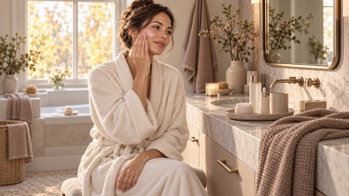 woman applying moisturiser during autumn skin barrier care beside a softly lit autumn bathroom vanity