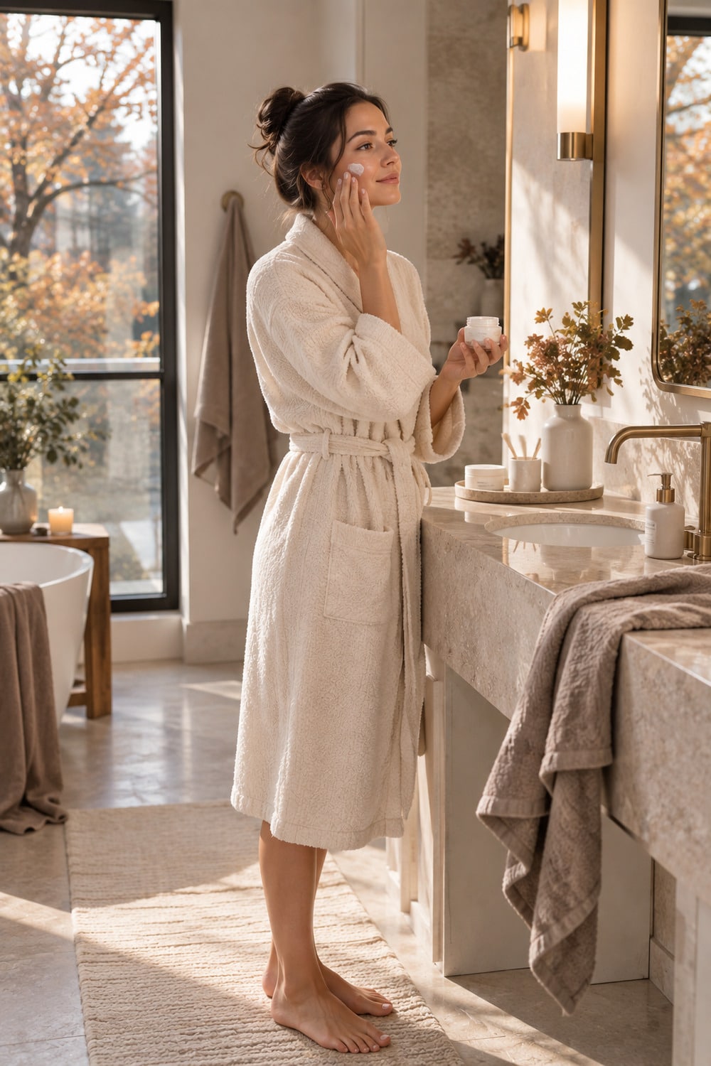 autumn skin barrier care with an unlabeled cleanser, cream jar, ivory towel and soft seasonal light