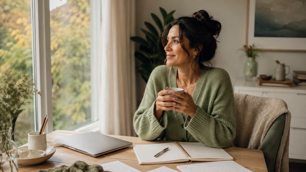 Woman using a paper planner for back to work focus beside a closed laptop and paper notes