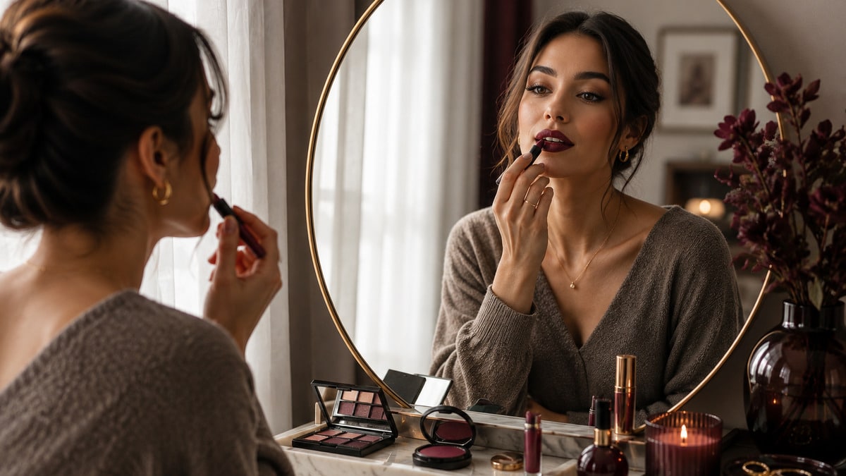 Berry lip makeup applied at a vanity in warm autumn light
