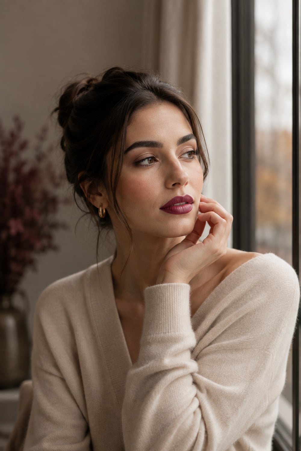 Berry Lip Makeup with Rich Seasonal Color berry lip makeup with softly blurred lips, minimal eye makeup and autumn light
