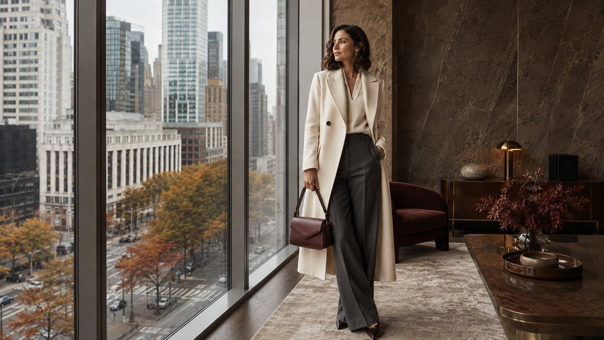 Woman styling burgundy accessories with a handbag, cream outerwear, and charcoal trousers in early fall