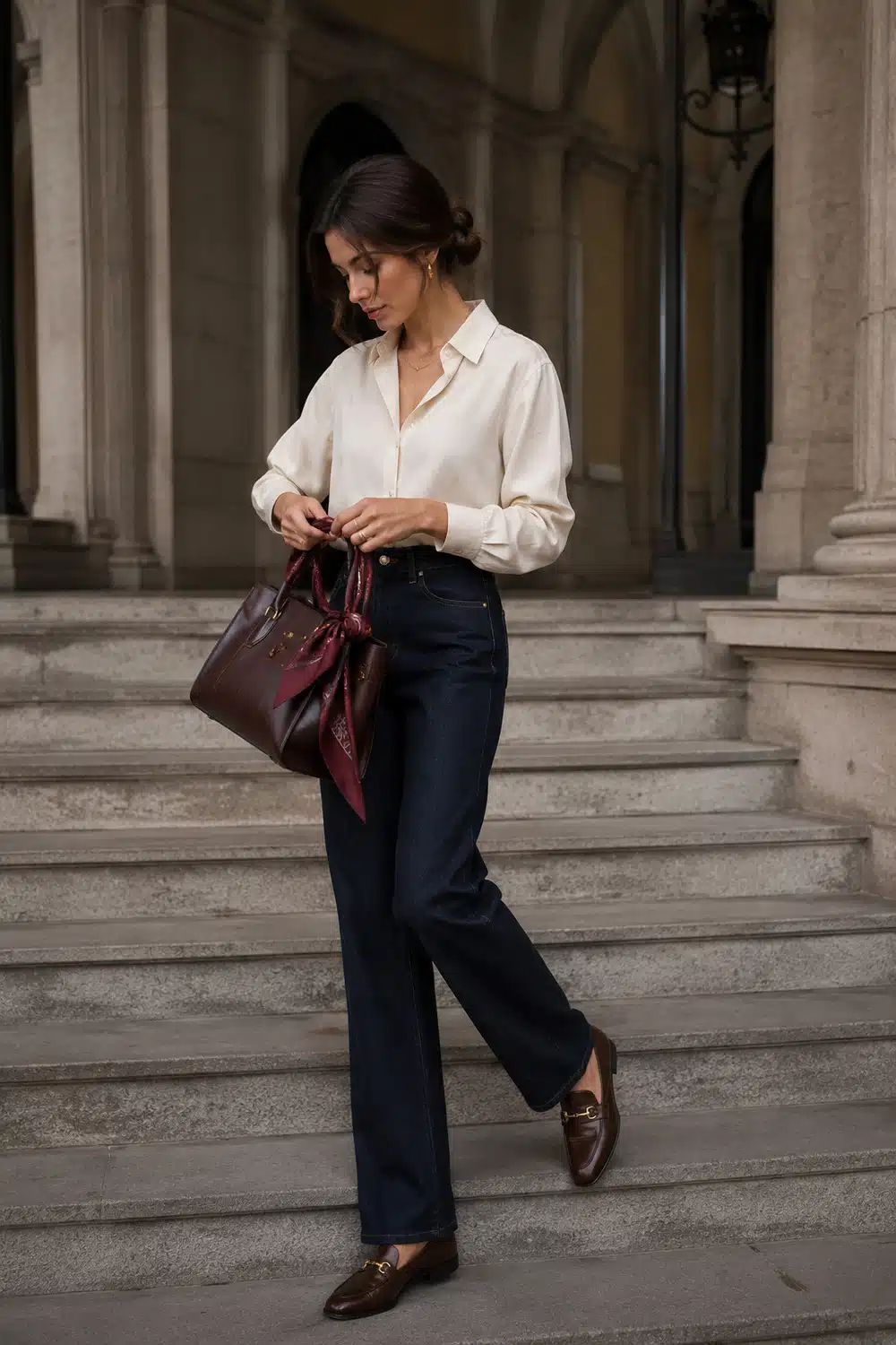Burgundy Accessories for Balanced Fall Outfits burgundy accessories with a scarf and handbag styled with cream knitwear dark denim and brown loafers