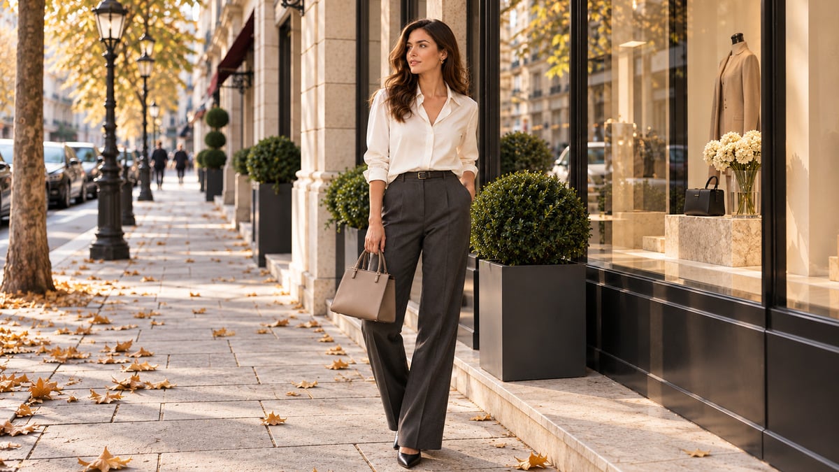 Woman in ivory shirt and charcoal trousers for a button down revival fall look