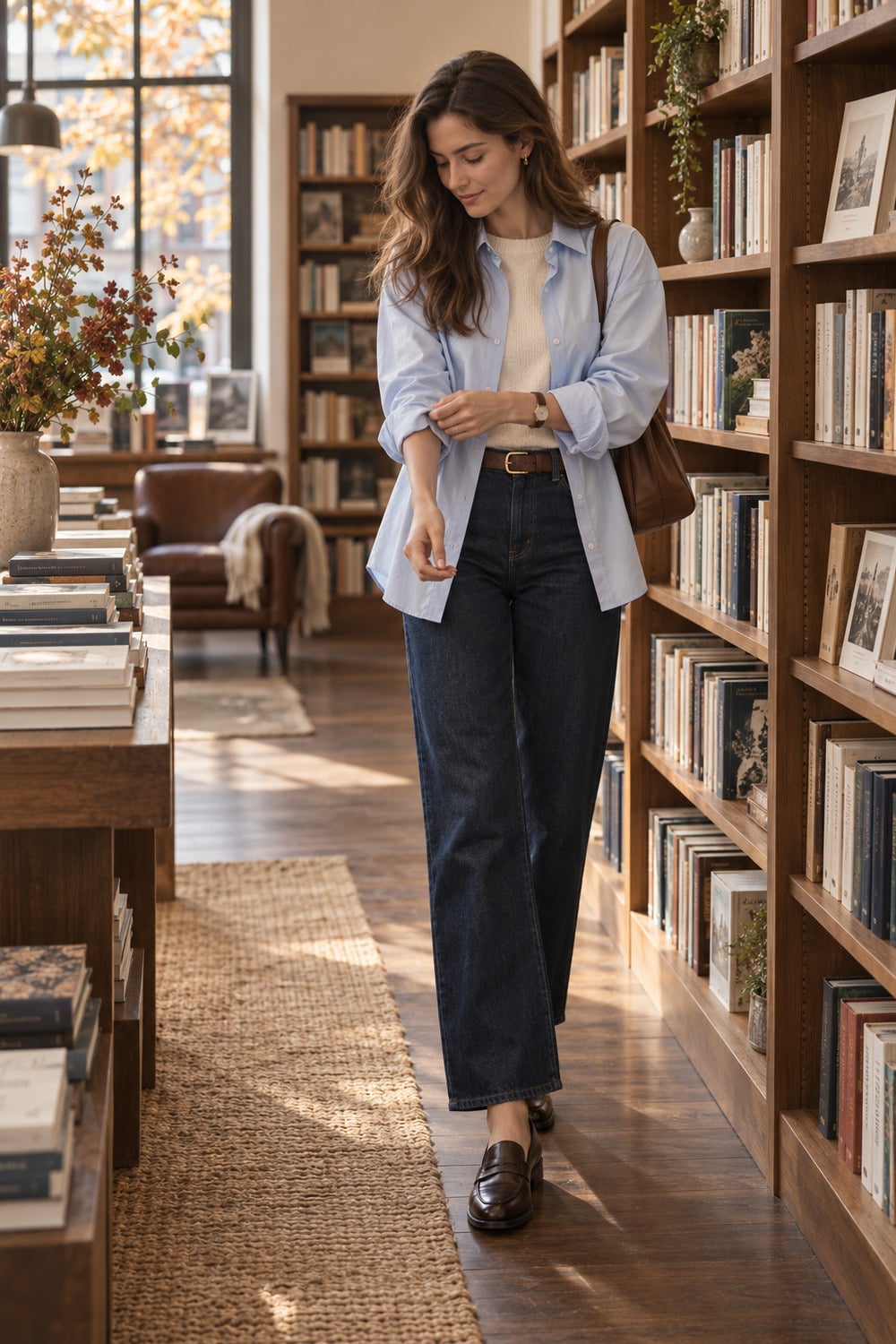 Button Down Revival for Everyday Fall Dressing woman in a pale blue shirt and dark denim showing button down revival styling for fall