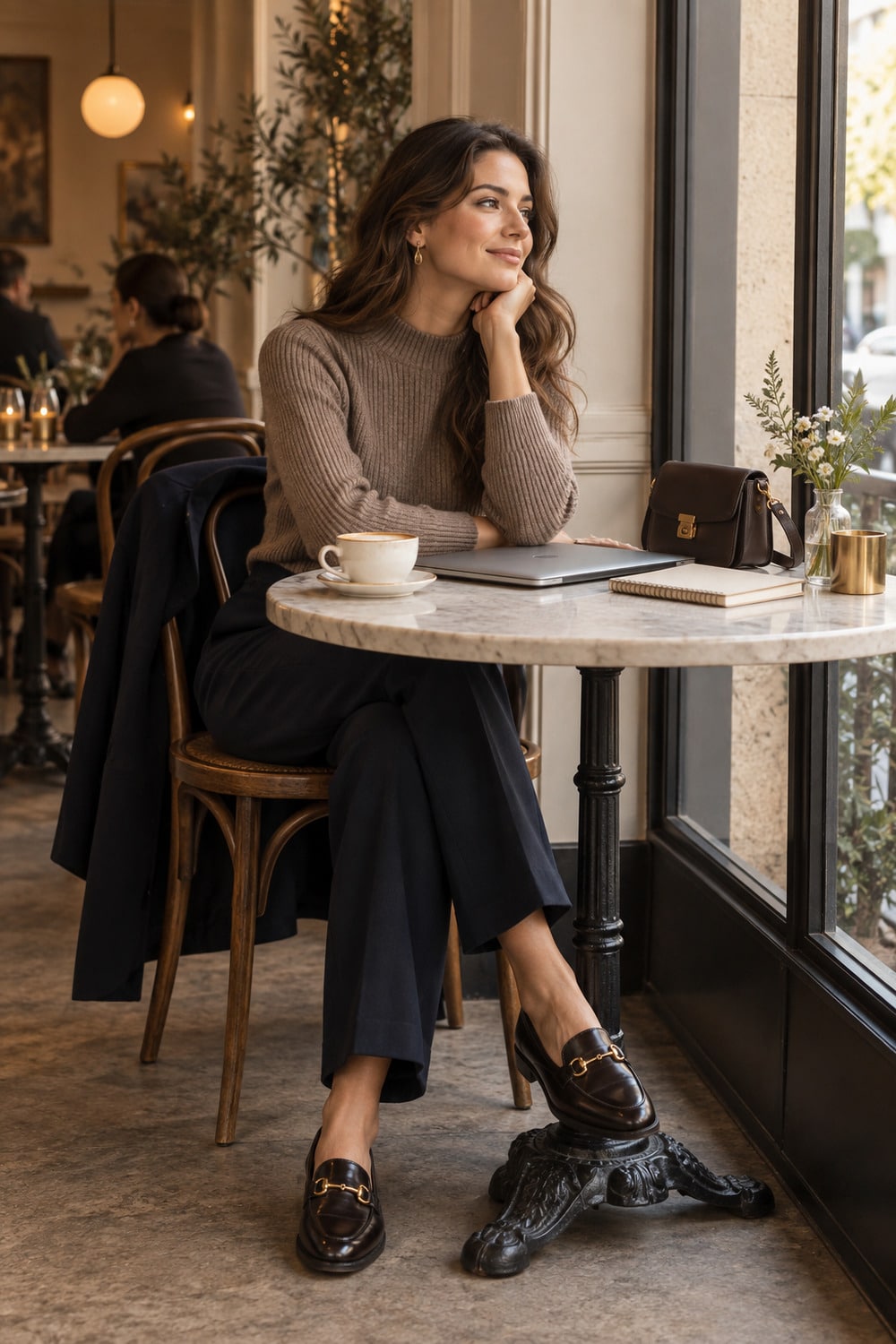 cafe work outfits scene with a ribbed knit, tailored trousers and compact laptop setup