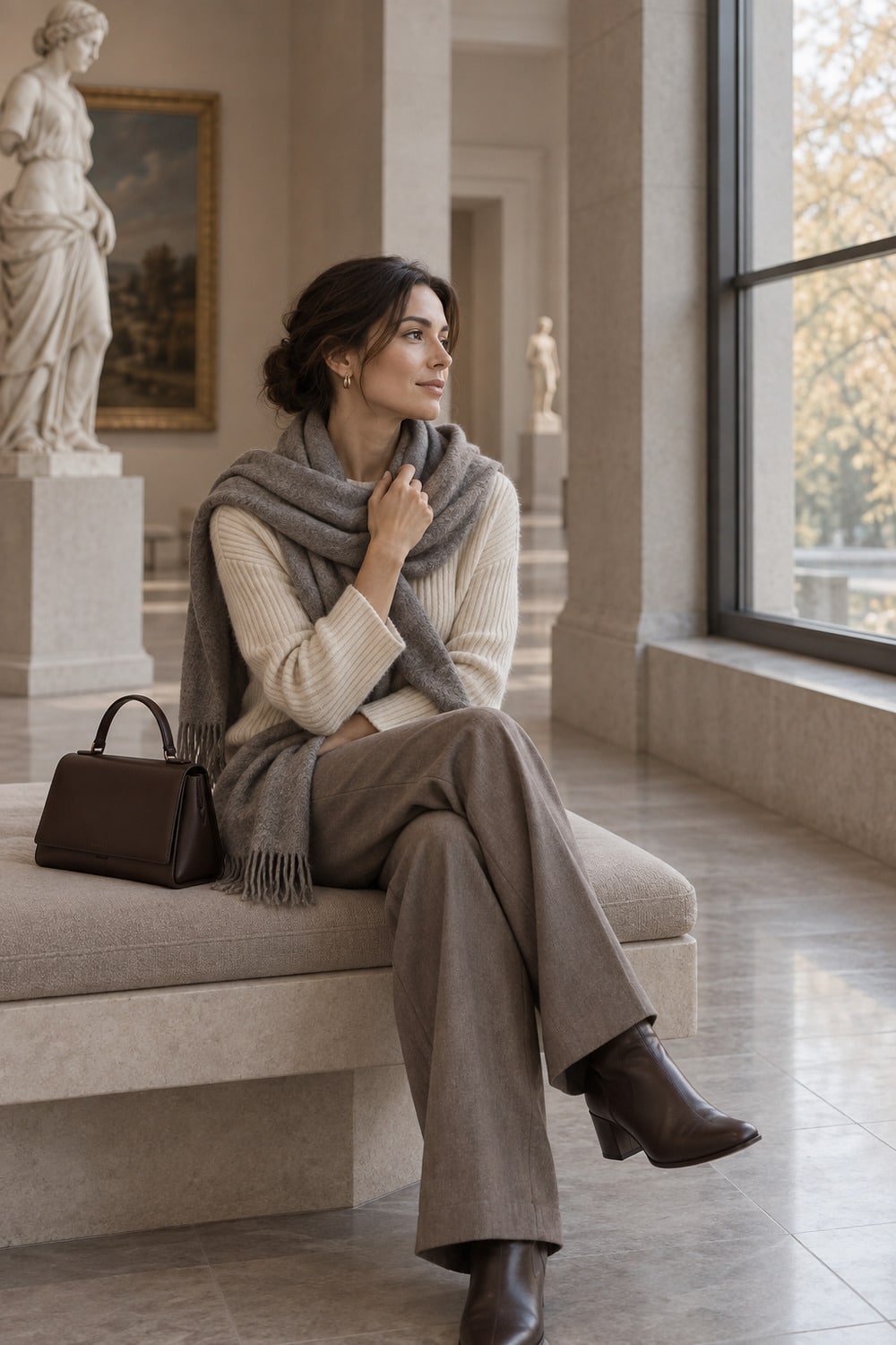 Cashmere Scarf Styling for Understated Fall Layers cashmere scarf style with a soft grey wrap over cream knitwear and tailored taupe trousers