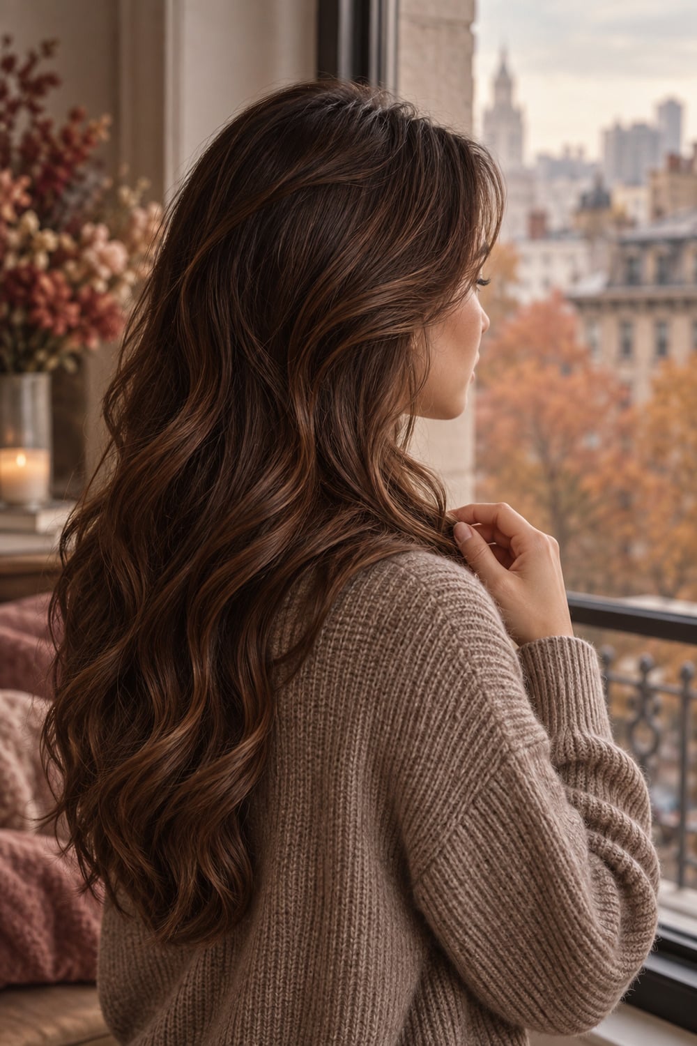 Chestnut Brown Hair for Soft Autumn Dimension glossy chestnut brown hair in waves with soft red brown warmth by an autumn window