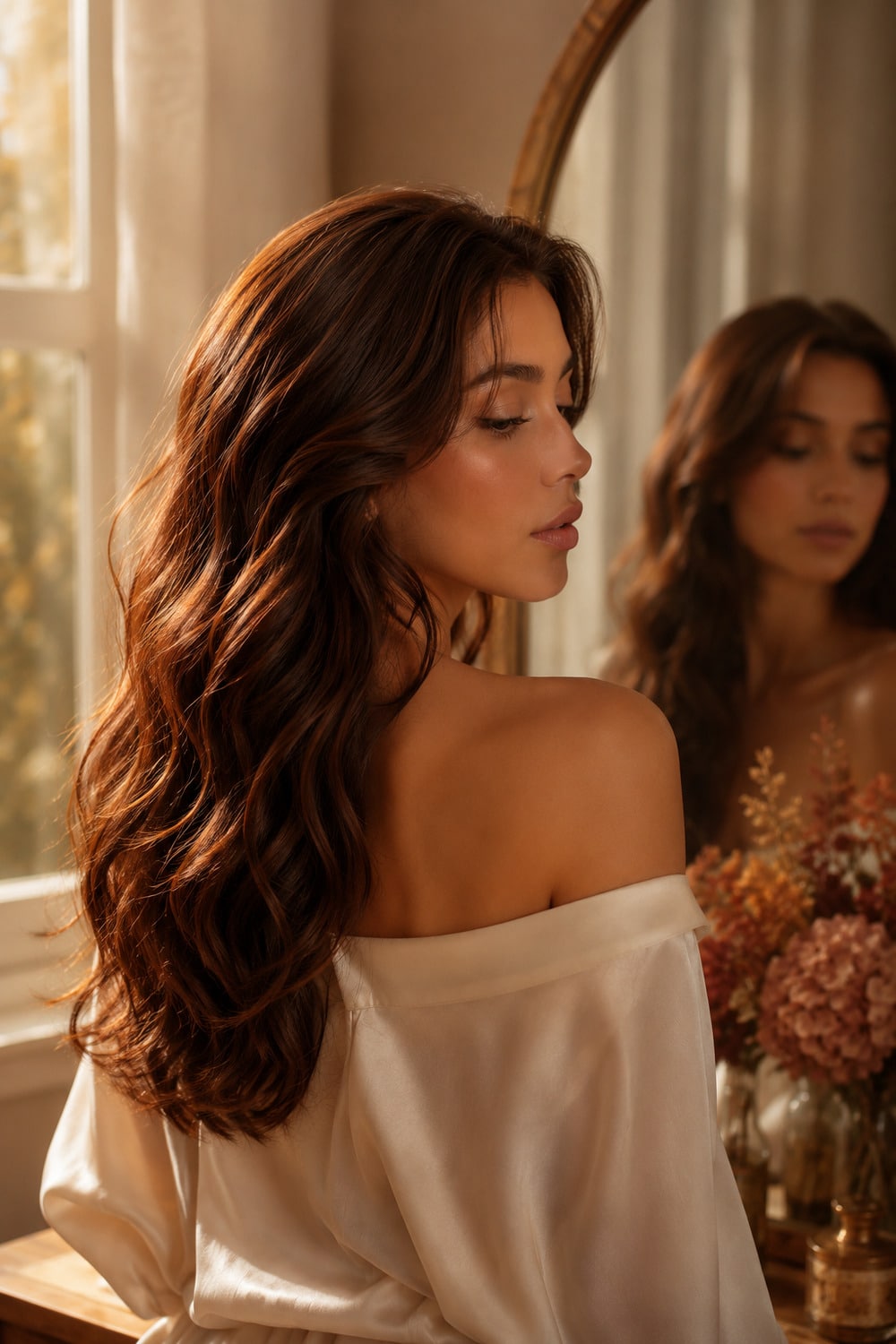 cinnamon hair gloss on brunette hair with warm brown shine and soft red copper reflection