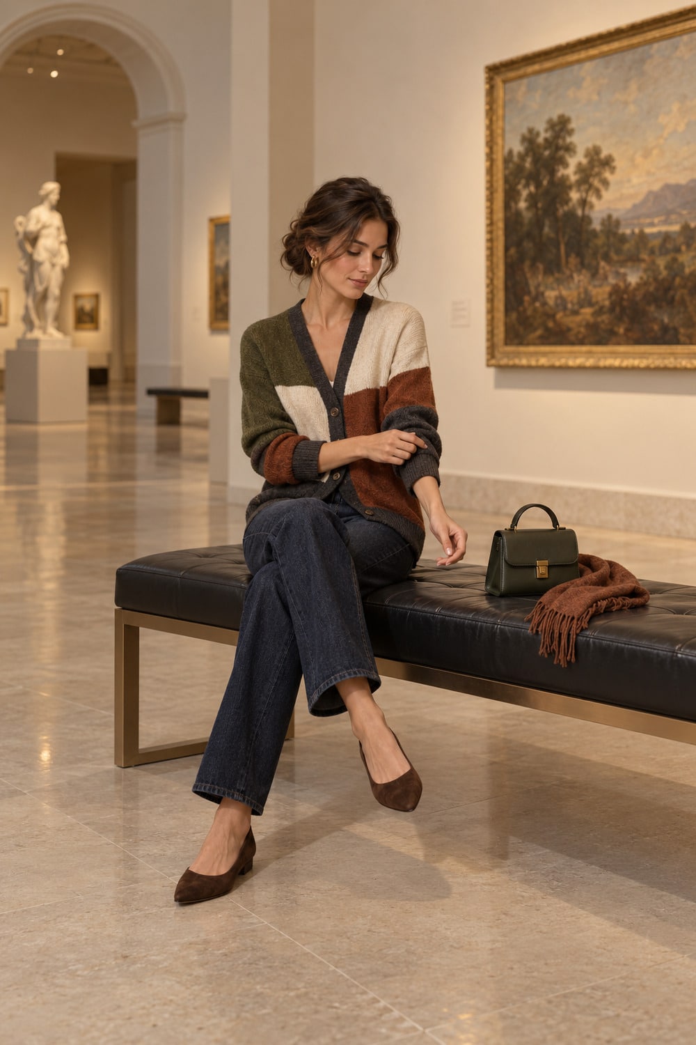 Colorblocked Knitwear for Calm Autumn Dressing woman in a cardigan of colorblocked knitwear with dark denim and restrained fall accessories