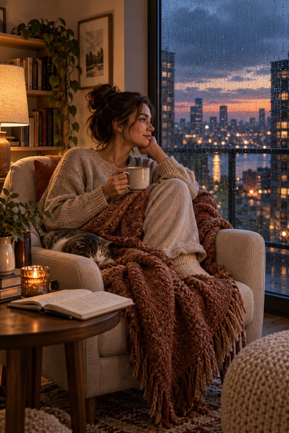 cozy evening rituals scene with a warm lamp open journal ceramic mug and soft chair by a dusk window