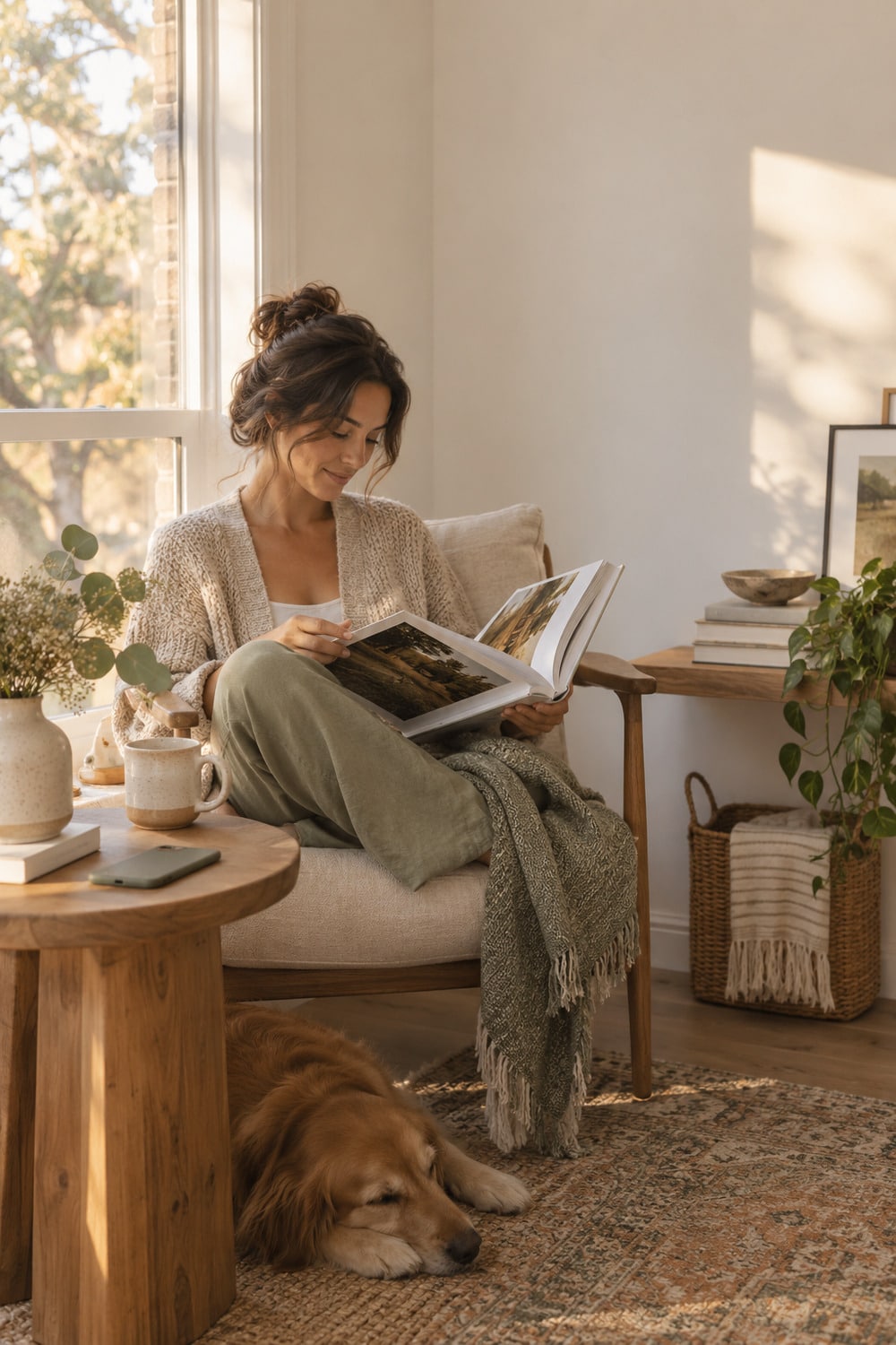 Creative Rest for Women Beyond Constant Output woman reading an art book beside a window during creative rest for women