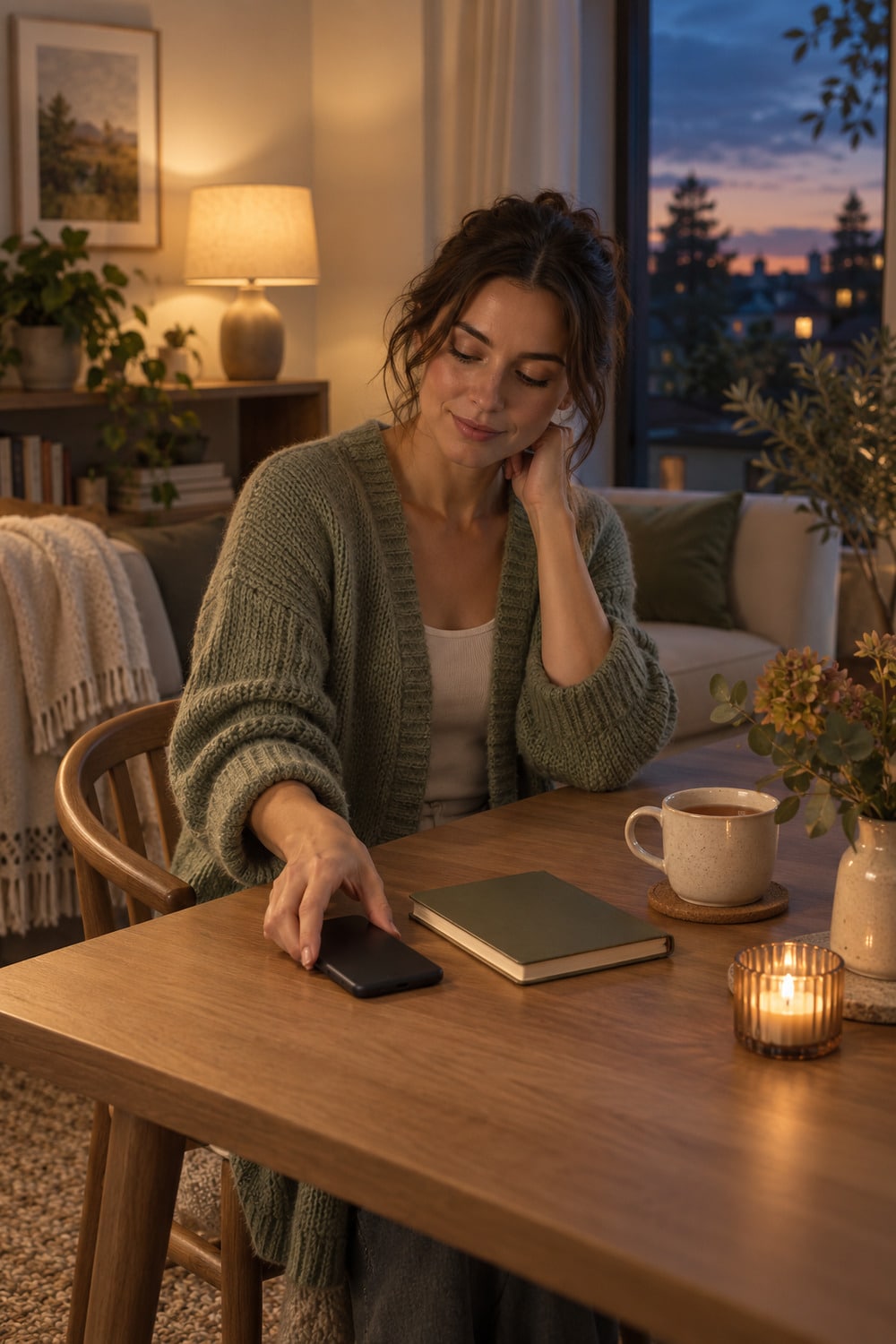 Digital Fall Reset for a Cleaner Online Life woman placing a phone aside beside a notebook for a digital fall reset during an early fall evening