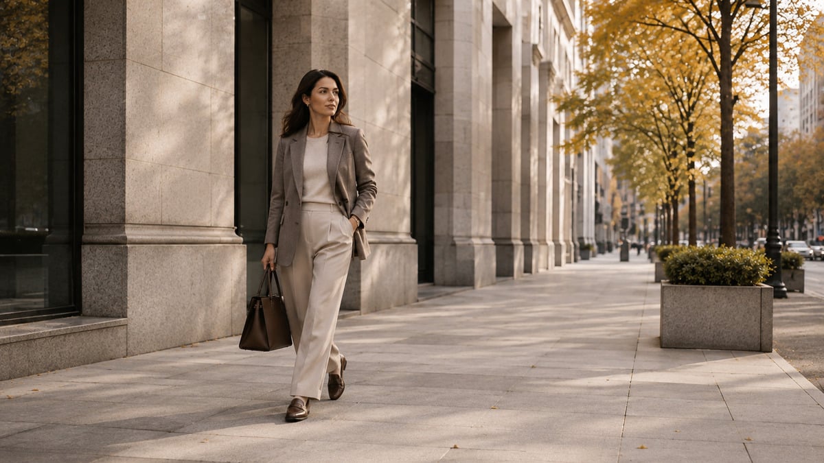 Fall work wardrobe look with woman in blazer trousers loafers and structured work bag