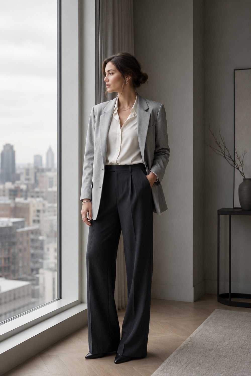 Grey Blazer Outfits That Feel Relaxed in Fall Grey blazer outfits inspiration with a woman in charcoal trousers and an ivory shirt for fall