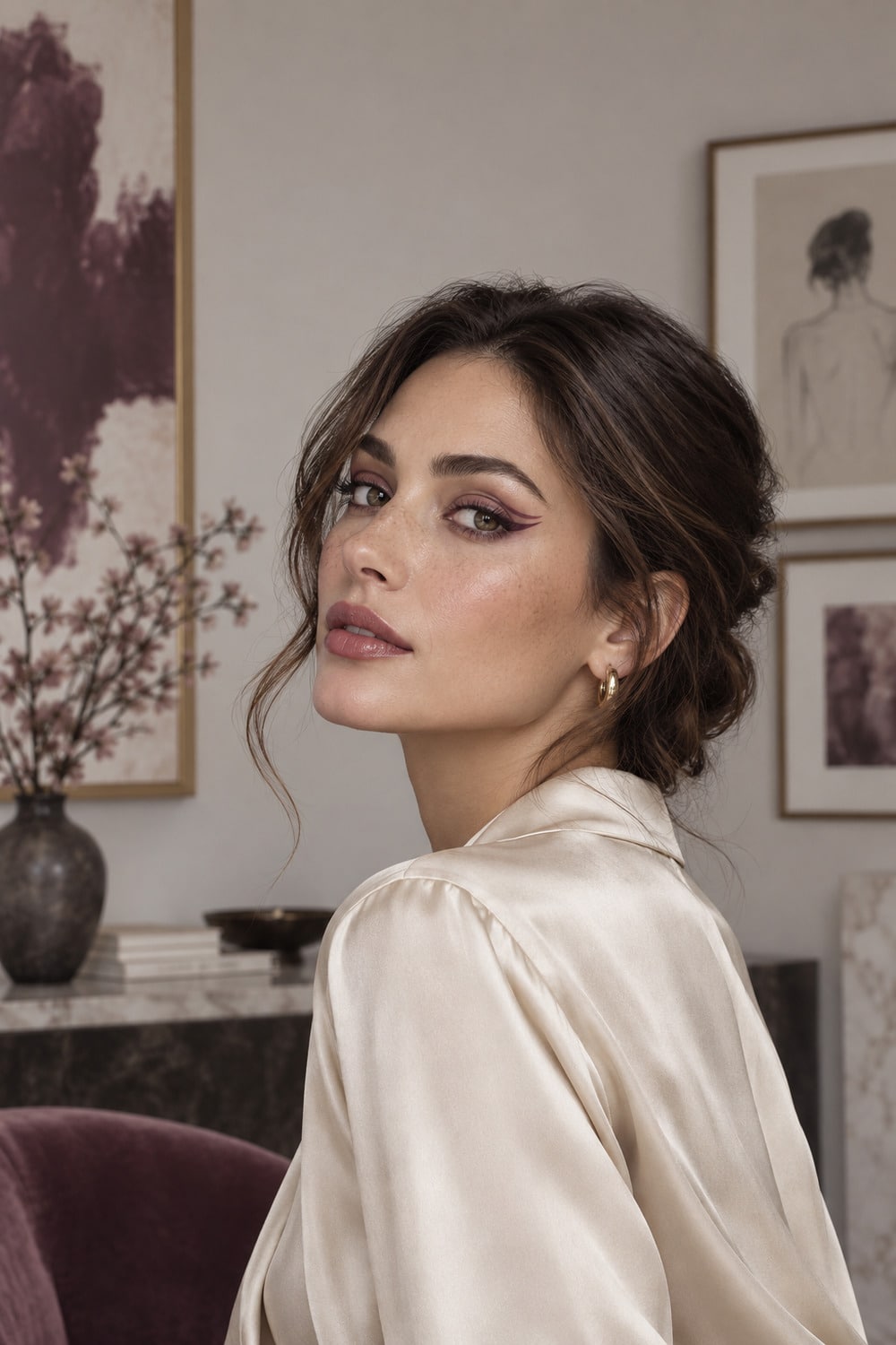 Intricate Eyeliner for Refined Autumn Detail intricate eyeliner in plum with a fine double line and natural skin texture