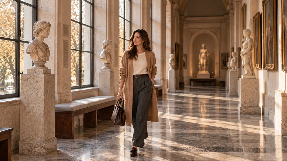 longline cardigan outfits featuring a camel knit over a cream top and charcoal trousers