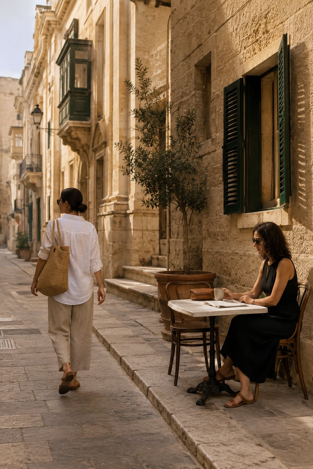 Maltese Women Lifestyle in Valletta Streets and Shared Space Maltese women lifestyle feature scene in Valletta with limestone street café seating and pedestrians moving through shared space