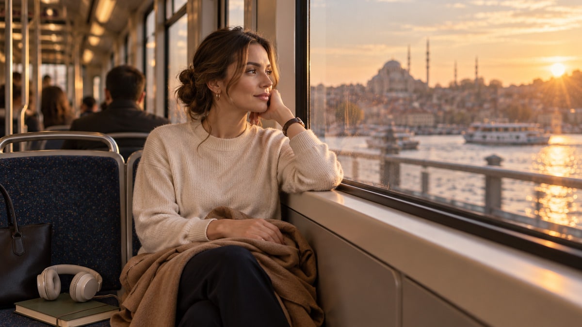 Woman seated by a train window during mindful commute rituals on an evening journey