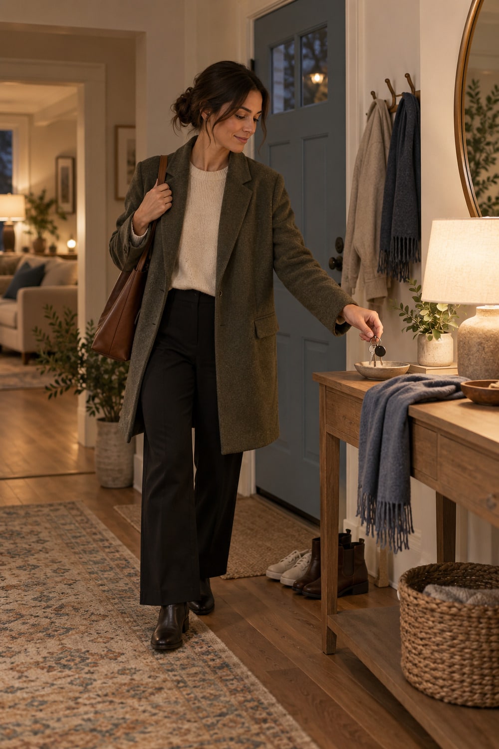 Mindful Commute Rituals for Workday Transitions woman placing keys in an entryway after work as part of mindful commute rituals