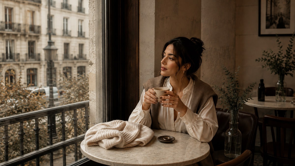 Glossy mocha brown manicure on short natural nails in soft early fall light