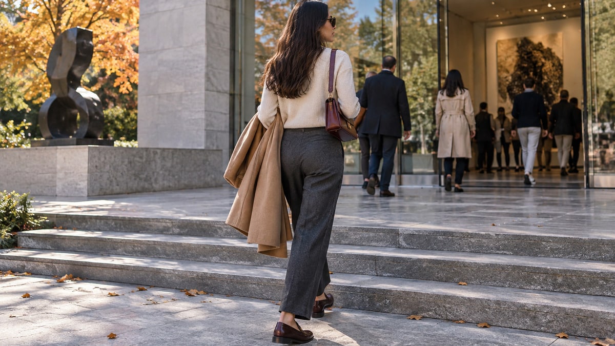 museum day outfits scene with a woman in tailored fall layers, low loafers and a compact shoulder bag outside a contemporary museum