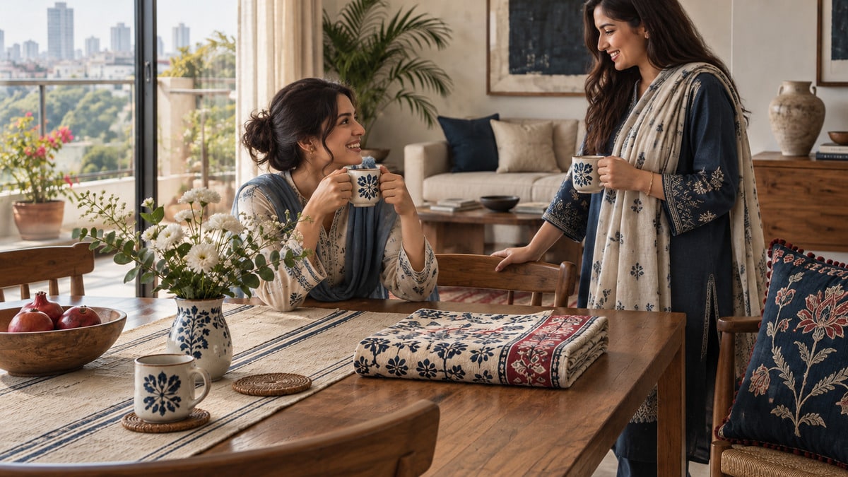 Contemporary Karachi interior for a Pakistani women lifestyle feature with layered textile detail, ceramic cups, flowers and measured color