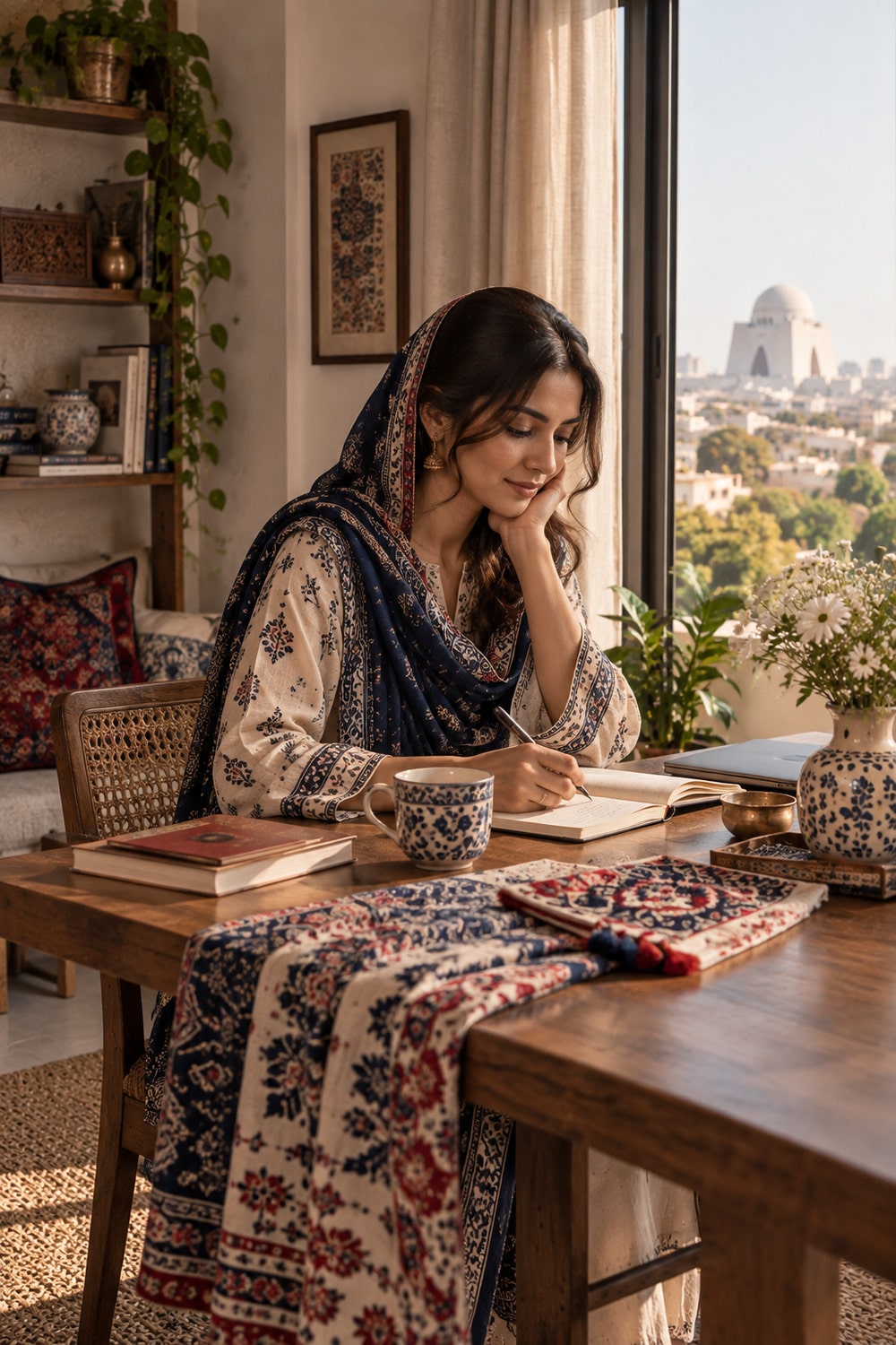 Pakistani Women Lifestyle Through Karachi Textile Color and Detail Contemporary Karachi interior for a Pakistani women lifestyle feature, with folded textile, ceramic cups, flowers and layered color