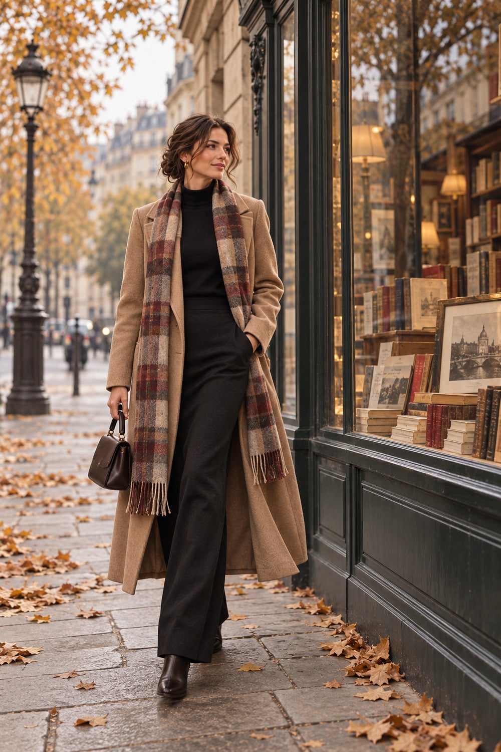 Plaid Scarf Style for Calm Autumn Outfits woman showing plaid scarf style with a long checked scarf camel coat and simple black outfit