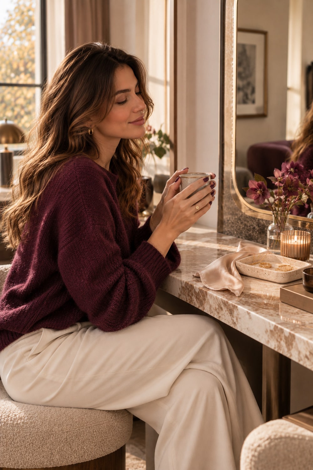 Plum Nail Ideas for Rich Autumn Manicures short soft oval nails showing plum nail ideas with a glossy deep manicure beside a neutral autumn setting