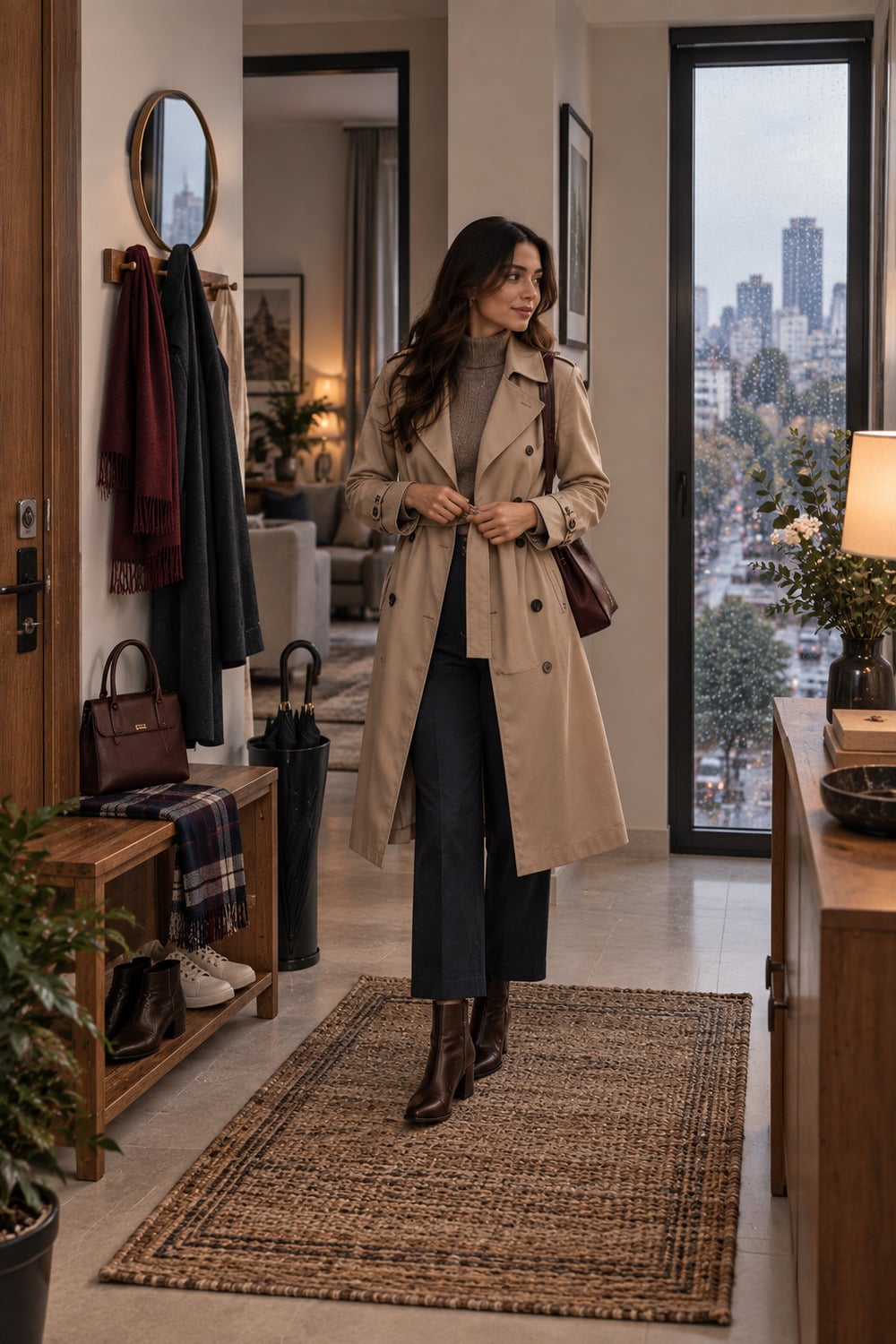Rainy Day Outfits for Unpredictable September Weather rainy day outfits with a trench coat cropped trousers ankle boots and compact umbrella
