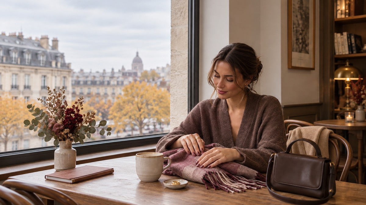 Rose brown nails in a glossy manicure beside soft autumn cashmere and a ceramic cup