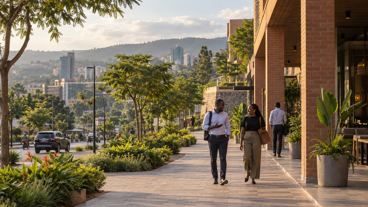 Lifestyle renewal in a contemporary Kigali streetscape with fired clay brick shade greenery and everyday public space
