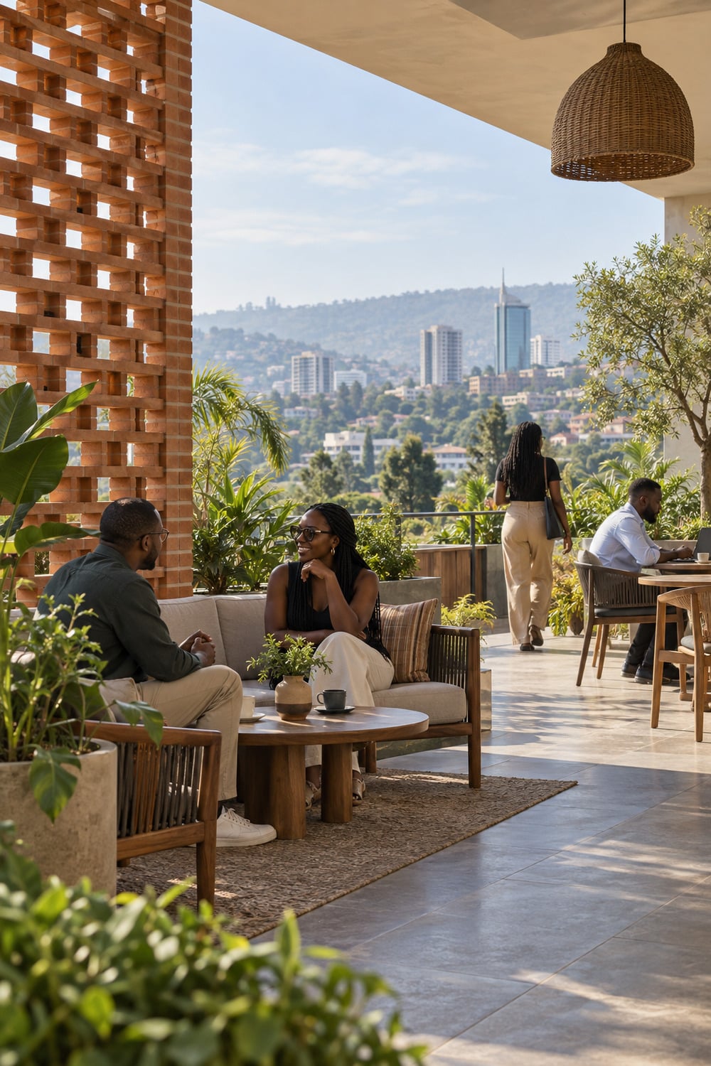 Rwandan Lifestyle Renewal Through Contemporary Kigali Lifestyle renewal scene in contemporary Kigali public space with fired clay brick shade planting and everyday city movement