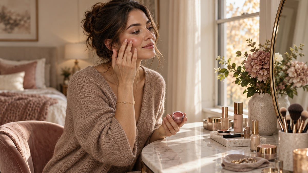satin finish makeup with softly diffused skin and muted rose colour