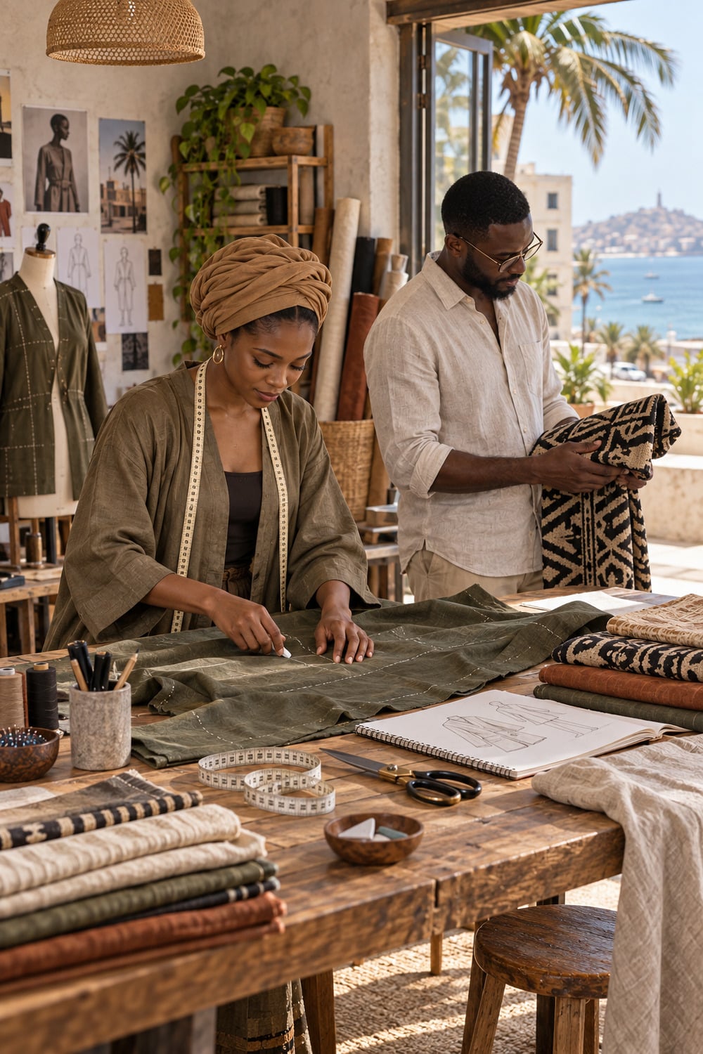 Senegalese women lifestyle shown through a Dakar tailoring workspace with folded textiles tools and a quiet client consultation